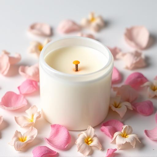 Bougie de la Collection Florale entourée de pétales de fleurs.
